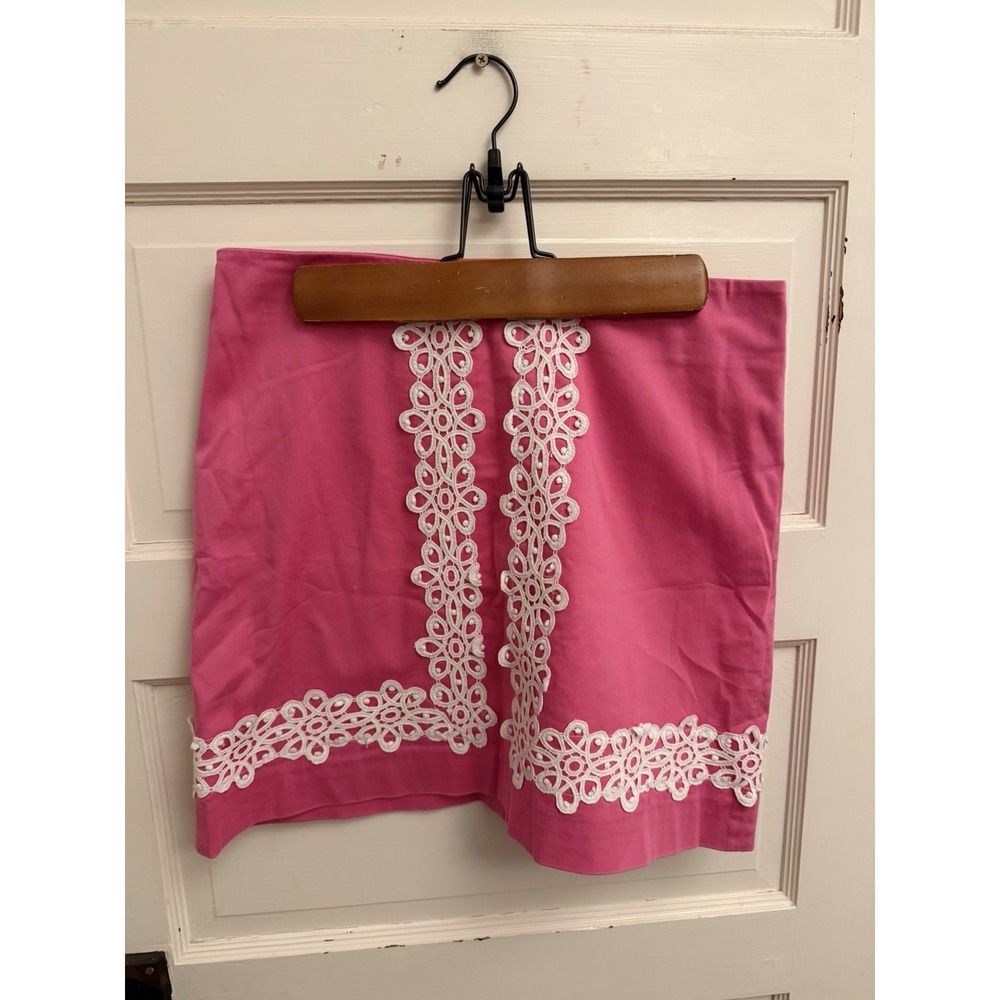Lilly‎ Pulitzer Women's Pink Mara Mini Skirt White Lace Trim Size 4 $198